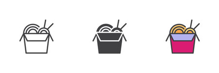Takeout food box with chopsticks icon set in line, filled outline and solid black glyph version. Asian noodle container symbol vector icon for delivery meal design.のイラスト素材