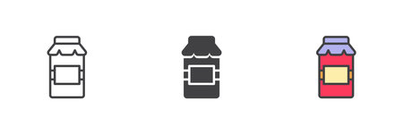 Juice or smoothie bottle icon set in line, solid and filled outline version. Colorful drink vector icon and symbol for takeout beverages, vitamins and fruity refreshment.のイラスト素材
