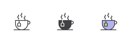 Cup of hot tea with steam icon set in line, solid and filled outline colorful style. Warm drink vector icon and relaxing beverage symbol for breakfast or cafe design.のイラスト素材