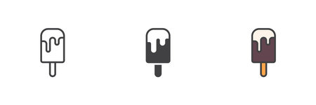 Ice cream bar with chocolate coating icon set in line, solid and filled outline style. Sweet cold dessert vector icon and summer food symbol for treat branding.のイラスト素材