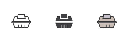 Closed takeout container icon set in line, solid and filled outline style. Food box vector icon and meal packaging symbol for delivery, restaurant or takeaway services.のイラスト素材