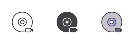CD or DVD disc with label different style icon set. Includes line, filled outline and solid icon. Disc vector sign, video storage symbol and media icon.のイラスト素材