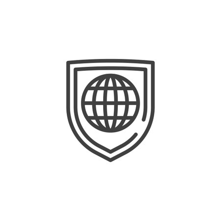 VPN secure connection line icon. Outline icon of a globe with key or shield, symbolizing protected remote access. Vector line icon representing virtual private network. Icon symbol usage.のイラスト素材