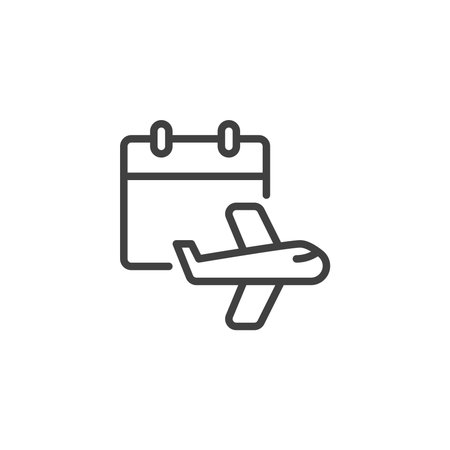 Travel calendar line icon. Outline icon of calendar with airplane. This vector icon is a symbol of planning, schedule, and trip itineraries.のイラスト素材