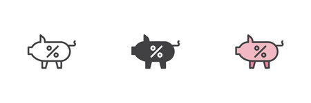 Piggy bank with percentage sign icon set. Includes line, solid and filled outline colorful style. Vector savings, finance, banking and deposit icon symbol.のイラスト素材