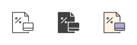 Two documents with percent symbol icon set. Includes line, solid and filled outline vector icon. Finance report, paperwork, and banking theme sign.のイラスト素材