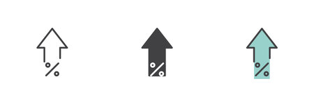 Upward arrow with percentage sign icon set in line, solid and filled outline style. Vector icon representing growth, profit or increasing interest rate.のイラスト素材