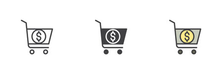 Shopping cart with dollar sign icon set. Line, solid and filled outline colorful vector style. Finance and ecommerce purchase or payment icon pack.のイラスト素材