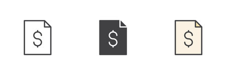 Paper document with dollar sign icon set. Line, solid and filled outline vector style. Finance file for tax, banking or statement icon use.のイラスト素材
