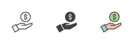 Open hand with dollar coin icon set. Line, solid and colorful filled outline style. Finance symbol for donation, banking or payment vector icon.のイラスト素材