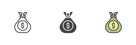 Classic moneybag with dollar symbol icon set. Line, solid and colorful filled outline vector style. Ideal for banking, finance and savings icon themes.のイラスト素材