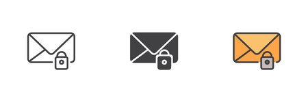 Set of secure email icon with padlock in line, solid, and filled outline color style. Envelope with lock sign represents privacy, encrypted message or protected mail icon.のイラスト素材