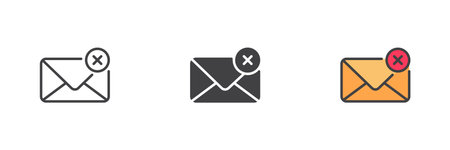 Envelope icon with cross mark badge in line, solid and filled outline style. Represents failed, undelivered or error email message icon, vector symbol pack.のイラスト素材