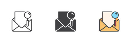 Envelope with magnifier glass badge in line, solid and filled outline style. Represents search mail, find message or email lookup icon in vector symbol format.のイラスト素材