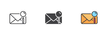 Envelope with magnifier glass icon in line, solid and filled outline style. Represents mail search, message tracking or email finder icon in vector format.のイラスト素材