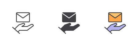 Mail transfer icon with open hand and flying envelope in line, solid and filled outline style. Represents mail handover, send or receive message icon.のイラスト素材