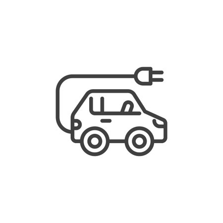 Electric car line icon. Outline vector icon with a plug symbol. Eco-friendly transportation icon representing green mobility and clean energy.のイラスト素材