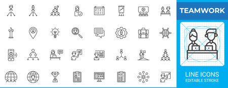Teamwork outline icons pack. Professional line vector symbol set for organizational and business topics. Includes icons like handshake, pie chart, laptop, manager, teamwork, and calendar.のイラスト素材