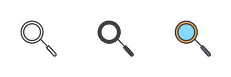 Magnifying glass search different style icon set. Line, glyph and filled outline colorful version, outline and filled vector sign. Symbol, logo illustration. Vector graphics.のイラスト素材