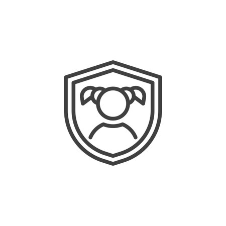Line outline icon of a child figure with a protective shield. Symbol for safety, protection, and secure care. Minimal child safety vector icon design.のイラスト素材
