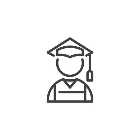 Line outline vector icon of a figure wearing a graduation cap. Symbol for education, achievement, and success. Minimal graduation icon design style.のイラスト素材