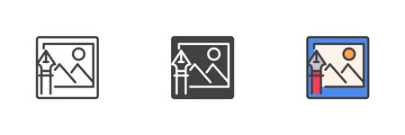 Image frame with pen tool for editing in different style icon set. Line, solid and filled outline versions. Color vector sign and symbol for photo, crop and retouch icon.のイラスト素材