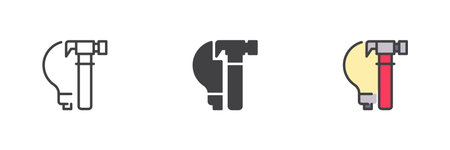 Lightbulb with hammer and screwdriver in different style icon set. Line, solid and filled outline versions. Color vector sign and symbol for DIY idea, repair and maker icon.のイラスト素材