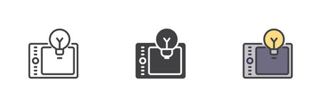 Graphics tablet with lightbulb idea in different style icon set. Line, solid and filled outline versions. Color vector sign and symbol for sketch, concept and creative icon.のイラスト素材