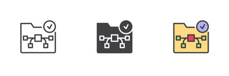 Folder with workflow nodes and check mark badge in different style icon set. Line, solid and filled outline versions. Color vector sign and symbol for approved project icon.のイラスト素材