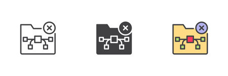 Folder with workflow nodes and X badge in different style icon set. Line, solid and filled outline versions. Color vector sign and symbol for rejected or error project icon.のイラスト素材