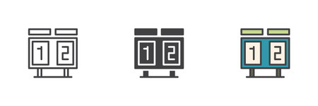 Soccer scoreboard with numbers different style icon set. Line, solid and filled outline colorful vector icon. Sport sign, football score display symbol illustration.のイラスト素材