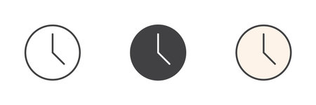 Minimal round clock face different style icon set. Line, glyph and filled outline colorful version, outline and solid vector sign. Simple time display symbol, vector pack.のイラスト素材
