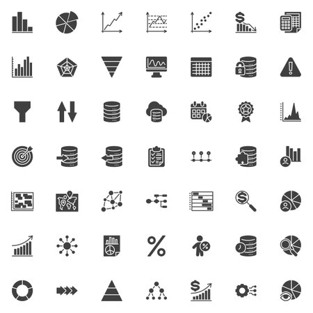 Data analytics solid glyph icons set pack. Vector signs and symbols for infographics. Includes icons like bar chart, pie chart, funnel, database, target, calendar, filter, growth graph, and network diagram.のイラスト素材