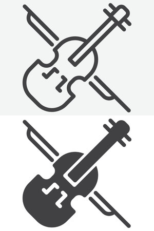 Violin instrument different style icon set. Line and glyph versions, outline and solid vector sign, symbol, logo illustration. Editable stroke music icon.のイラスト素材