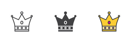 Royal crown medieval different style icon set. Line, filled outline and solid color vector icon. King headwear symbol, monarchy sign, power emblem icon for heraldry and royalty themes.のイラスト素材