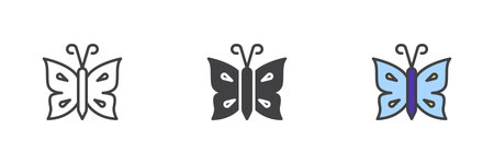 Butterfly with wings and antenna icon in line, solid and filled outline colorful style. Tropical butterfly icon twice shown as vector sign, symbol, color illustration pack.のイラスト素材