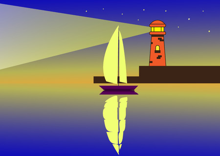 Sailboat at night in the sea and light from the lighthouseのイラスト素材
