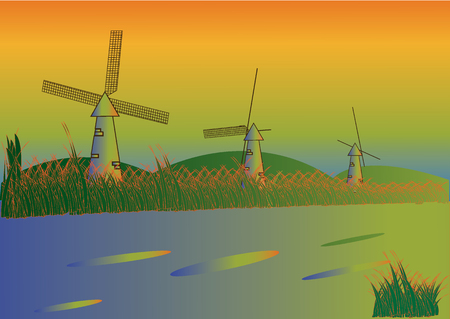 windmills on the river bankのイラスト素材