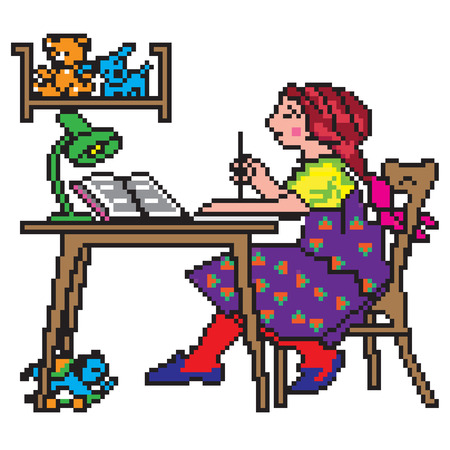 Pixel art illustration. School student doing homework.のイラスト素材