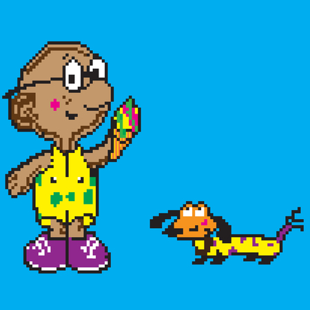 Vector pixel art boy with a dog and ice cream on a blue background.のイラスト素材
