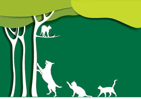Landscape design with a tree, dog, cats. Paper art style. Vector illustrationのイラスト素材