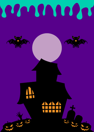Halloween night with pumpkin, haunted house and full moon. Flyer or invitation template for Halloween party. Vector illustrationのイラスト素材