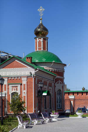 chapel of the Orthodox Church of brick, with a gilded dome and crossの写真素材