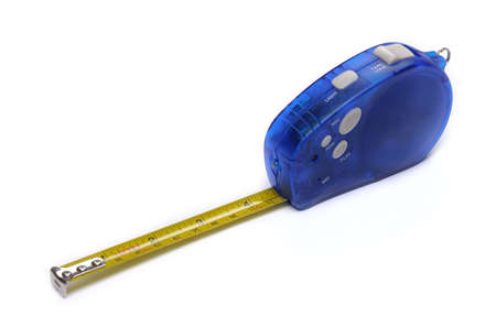Blue tape measure isolated over whiteの写真素材