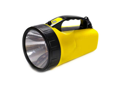 Flashlight LED, yellow, isolated on white backgroundの写真素材
