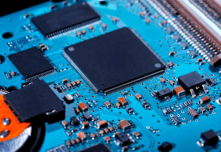 Closeup electronic board, toned image, shallow DOF
