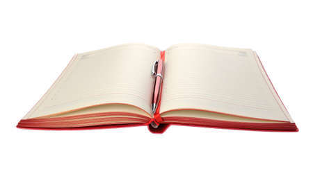 Red diary and pen isolated on white background