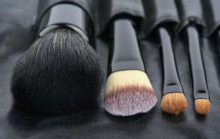 Brushes of Make-Up in a holder from leather