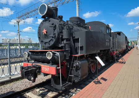 Moscow, Russia - June 23, 2016: Museum of Railway Transport of the Moscow railway, soviet Industrial steam locomotive 9P-17347 was used for shunting operations, built in 1953のeditorial素材