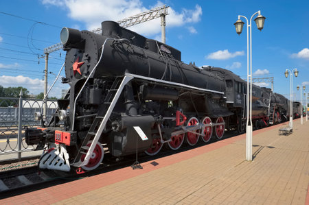 Moscow, Russia - June 23, 2016: Museum of Railway Transport of the Moscow railway, soviet mainline freight locomotive of series P ("Victory") P-0001, is one of the best soviet locomotives, produced from 1945 to 1947のeditorial素材